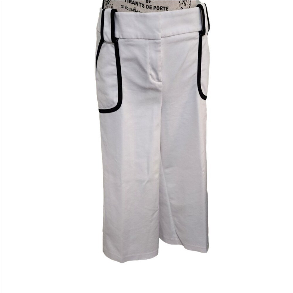 NY&C‎ 7th Avenue Womens Wide Leg Crop Pants Size 8 White Black Piping Stretch